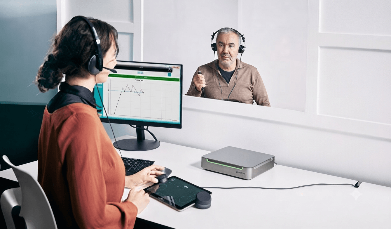 Audióloga realizando estudio a un niño